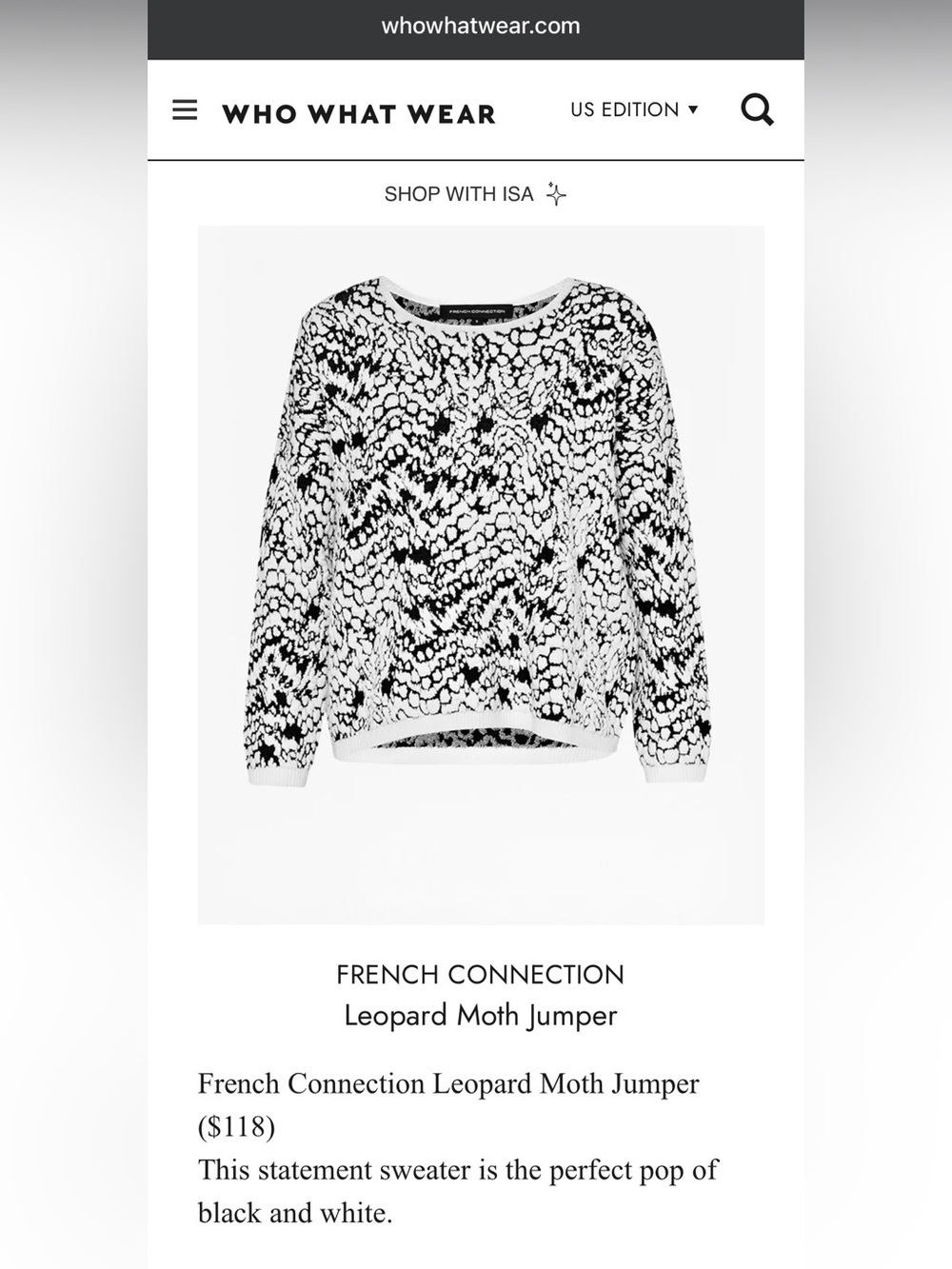 French Connection Black & White Leopard Moth Sweater